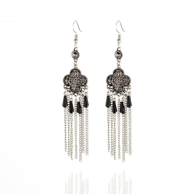 Wholesale Clover Full Diamond Tassel Alloy Earrings